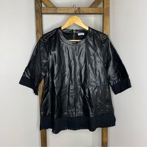 VOY Black Faux Leather Top with Pleated Hem Size S